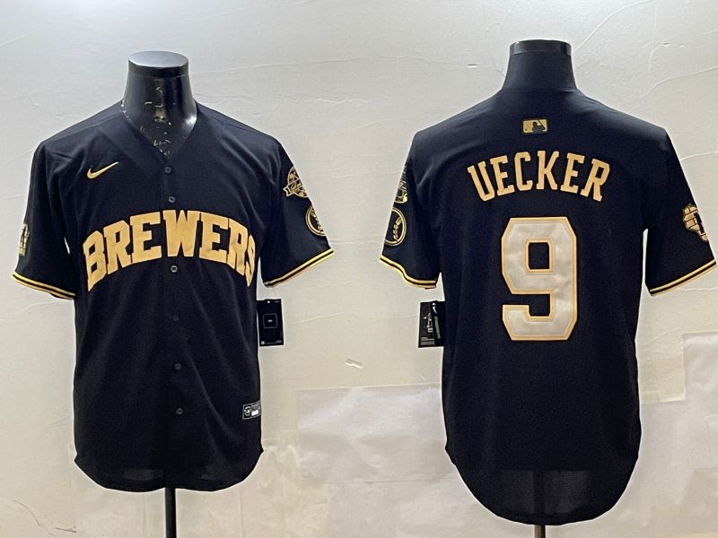 Men Milwaukee Brewers #9 Uecker Black Gold Game 2025 Nike MLB Jersey style 1